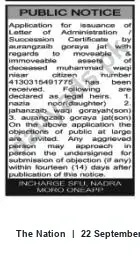 Newspaper clipping: Public Notice: Application for Succession/Administration Certificate — Aurangzaib Goraya Jat, The Nation, 22 Sep 2026