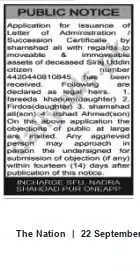 Newspaper clipping: Public Notice: Application for Succession / Letter of Administration for Estate of Siraj Uddin, The Nation, 22 Sep 2026
