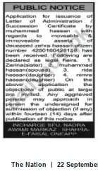 Newspaper clipping: Public Notice: Succession Certificate Application — Deceased Zehra Hassan (CNIC 4250160428158), The Nation, 22 Sep 2026