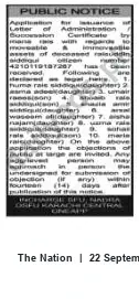 Newspaper clipping: Public Notice: Application for Letter of Administration for movable assets of deceased Rainuddin (CNIC 4210119187207), The Nation, 22 Sep 2026