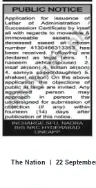 Newspaper clipping: Public Notice: Application for Letter of Administration / Succession Certificate by Insaf Ali, The Nation, 22 Sep 2026