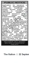 Newspaper clipping: Public Notice: Application for Succession/Administration Certificate (Ref. 4130417037308) — NADRA Hyderabad, The Nation, 22 Sep 2026