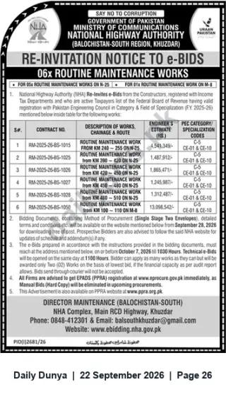 Newspaper clipping: NHA Re-Invitation to e‑Bids — Six Routine Maintenance Contracts (N-25 & M-8) — Khuzdar (Balochistan‑South), Dunya, 22 Sep 2026