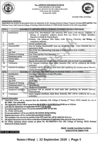 Newspaper clipping: Admissions Open: BS Nursing (Generic) & One‑Year In‑House Nurse Aid Course — College of Nursing, NICH Karachi, Nawa-i-Waqt, 22 Sep 2026
