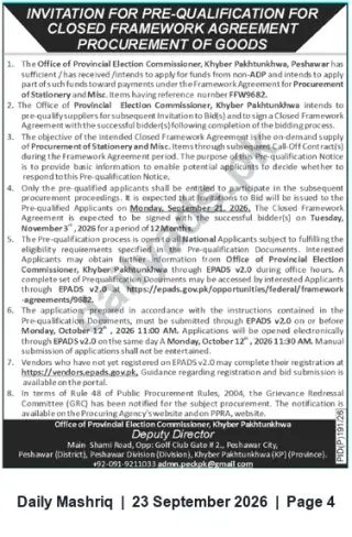 Newspaper clipping: Pre-Qualification Notice for Closed Framework Agreement – Procurement of Stationery & Miscellaneous Goods (Office of Provincial Election Commissioner, Khyber Pakhtunkhwa), Daily Mashriq, 23 Sep 2026