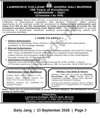 Newspaper clipping: Lawrence College Ghora Gali, Murree — Admissions 2027 (Classes I–VIII), Jang, 23 Sep 2026