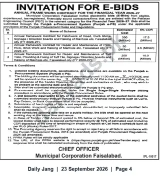 Newspaper clipping: Municipal Corporation Faisalabad — Invitation for E‑Bids for Annual Framework Contracts (FY 2026‑27), Jang, 23 Sep 2026