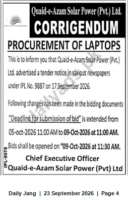 Newspaper clipping: Corrigendum: Procurement of Laptops — Deadline Extended to 09 Oct 2026, Jang, 23 Sep 2026