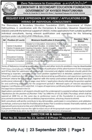 Newspaper clipping: ESEF Hiring: Senior Education Sector Analysis & Education Costing/Data Analysis Consultants (Peshawar), Daily Aaj, 23 Sep 2026