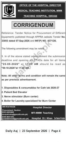 Newspaper clipping: Corrigendum: Tender for Procurement of Medical Equipment — MTI MMM Teaching Hospital, D.I. Khan, Daily Aaj, 23 Sep 2026