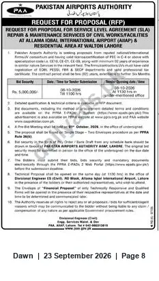 Newspaper clipping: PAA RFP: Repair & Maintenance SLA for Civil Works at Allama Iqbal International Airport & Walton Residential Area, Lahore, Dawn, 23 Sep 2026