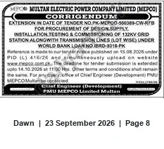 Newspaper clipping: MEPCO Corrigendum: Deadline Extended for 132kV Grid Station & Transmission Lines Tender (PK-MEPCO-560381-CW-RFB), Dawn, 23 Sep 2026