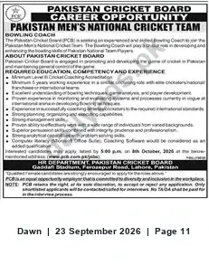 Newspaper clipping: Pakistan Cricket Board — Bowling Coach, Pakistan Men's National Cricket Team, Dawn, 23 Sep 2026