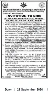Newspaper clipping: PNSC Tender: Dry-Docking & 5th Special Survey of M/V Chitral, Dawn, 23 Sep 2026