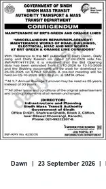 Newspaper clipping: Corrigendum: Maintenance Works for BRT Green & Orange Line Corridors — Sindh Mass Transit Authority, Dawn, 23 Sep 2026