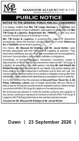 Newspaper clipping: Public Notice — MANSOOB ALL OURISIN & CO., Dawn, 23 Sep 2026