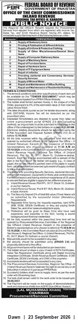 Newspaper clipping: FBR Karachi — Invitation for Sealed Tenders (Procurement Notice), Dawn, 23 Sep 2026