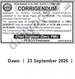 Newspaper clipping: PESCO Corrigendum — PC500992, Dawn, 23 Sep 2026