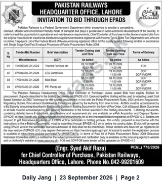 Newspaper clipping: Pakistan Railways HQ Lahore — Invitation to Bid via EPADS for Multiple Supply Packages (Oct 2026), Jang, 23 Sep 2026