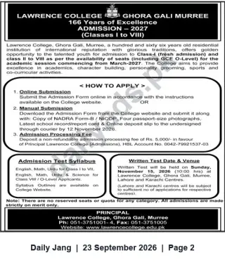 Newspaper clipping: Lawrence College Ghora Gali Murree Admissions 2027 — Classes I to VIII, Jang, 23 Sep 2026