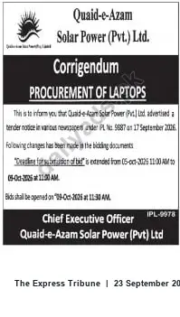 Newspaper clipping: Quaid-e-Azam Solar Power Corrigendum: Procurement of Laptops (IPL-9687 / IPL-9978), The Express Tribune, 23 Sep 2026