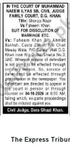 Newspaper clipping: Family Court Summons: Suit for Dissolution of Marriage — Faheen Khan to Appear, The Express Tribune, 23 Sep 2026
