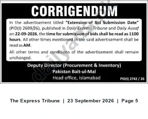 Newspaper clipping: Pakistan Bait-ul-Mal Corrigendum — Bid Submission Time Amended (PID 2699/26), The Express Tribune, 23 Sep 2026