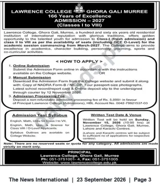 Newspaper clipping: Lawrence College Ghora Gali, Murree — Admissions 2027 (Classes I–VIII) — Apply by 2026-11-12, The News International, 23 Sep 2026