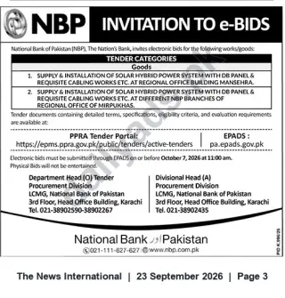 Newspaper clipping: NBP Tender: Supply & Installation of Solar Hybrid Power Systems at Mansehra & Mirpurkhas Regional Offices, The News International, 23 Sep 2026