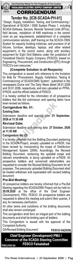 Newspaper clipping: Corrigendum: Tender ICB-SCADA-PH-01 — Design, Supply, Installation, Testing & Commissioning of SCADA/DMS (FESCO Faisalabad), The News International, 23 Sep 2026