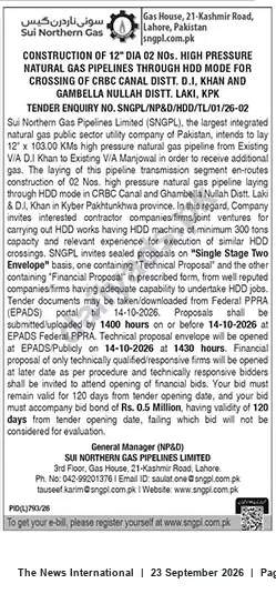 Newspaper clipping: SNGPL Tender: HDD Crossing Construction of 12" Dia High-Pressure Gas Pipelines in D.I. Khan & Laki (Deadline 2026-10-14), The News International, 23 Sep 2026