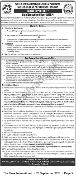 Newspaper clipping: Chief Executive Officer (CEO) – Water & Sanitation Services Peshawar (WSSP) – 3-year Contract, The News International, 23 Sep 2026