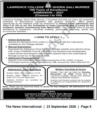 Newspaper clipping: Lawrence College, Ghora Gali Murree — Admissions 2027 (Classes I–VIII) — Apply by 2026-11-12, The News International, 23 Sep 2026