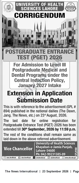 Newspaper clipping: UHS Lahore: PGET 2026 Deadline Extended to 2026-09-30 — Admissions for January 2027 Level III Medical & Dental Programs, The News International, 23 Sep 2026