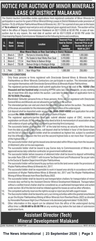 Newspaper clipping: Auction Notice: Minor Minerals Leases — District Malakand, The News International, 23 Sep 2026