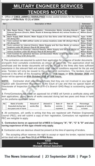 Newspaper clipping: Military Engineer Services (Army) Rawalpindi — Tenders for Repair, Construction & Utility Works, The News International, 23 Sep 2026