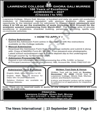 Newspaper clipping: Lawrence College Ghora Gali, Murree — Admissions 2027 for Classes I–VIII (Apply by 2026-11-12), The News International, 23 Sep 2026