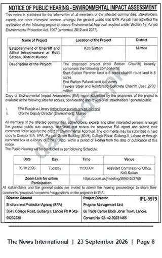 Newspaper clipping: Public Hearing: EIA for Kotli Sattian Chairlift Project, Murree (06 Oct 2026), The News International, 23 Sep 2026