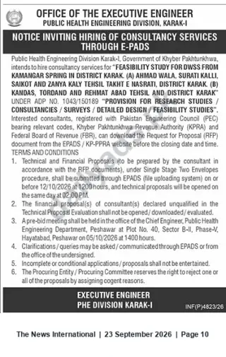 Newspaper clipping: Tender: Consultancy Services for Feasibility Study of DWSs — PHE Division Karak-I, The News International, 23 Sep 2026
