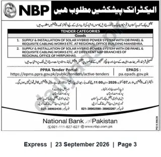 Newspaper clipping: NBP Tender: Supply & Installation of Solar Hybrid Power Systems in Mansehra & Mirpurkhas, Express, 23 Sep 2026