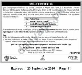 Newspaper clipping: Ignite (National Technology Fund) Careers — Manager Corporate Finance & Assistant Manager Roles — Apply by 2026-10-09, Express, 23 Sep 2026