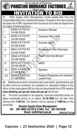 Newspaper clipping: POF Wah Cantt Invitation to Bid — Supply of Chemicals & Industrial Items (Closing 2026-10-14), Express, 23 Sep 2026