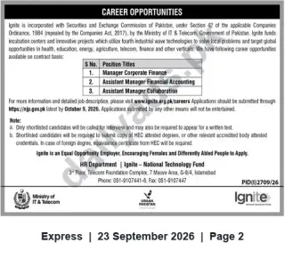 Newspaper clipping: Ignite (National Technology Fund) Hiring: Manager Corporate Finance & Assistant Managers – Islamabad, Express, 23 Sep 2026