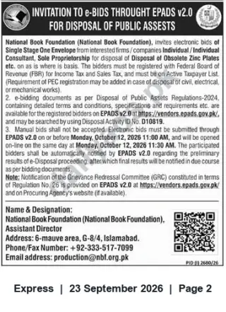 Newspaper clipping: National Book Foundation e-Bids for Disposal of Obsolete Zinc Plates (Disposal Activity ID D10819), Express, 23 Sep 2026