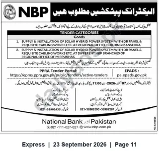 Newspaper clipping: NBP e-Tender: Supply & Installation of Solar Hybrid Power Systems in Mansehra and Mirpurkhas, Express, 23 Sep 2026