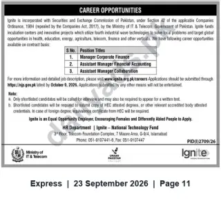 Newspaper clipping: Ignite (National Technology Fund) – Vacancies: Manager Corporate Finance & Assistant Managers, Express, 23 Sep 2026