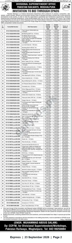 Newspaper clipping: Pakistan Railways Moghalpura — Invitation to Bid through ePAQS (64 Tender Packages), Express, 23 Sep 2026