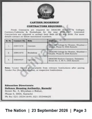 Newspaper clipping: DHA Karachi Tender: Canteen & Bookshop Contractors Required for DHACSS (2026-27), The Nation, 23 Sep 2026