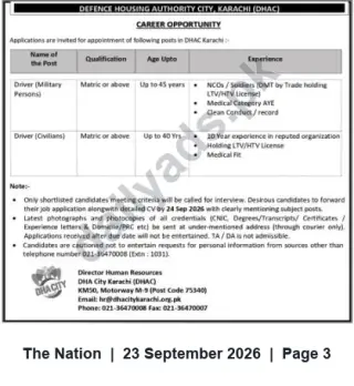 Newspaper clipping: DHA City Karachi Careers — Drivers (Military & Civilian), The Nation, 23 Sep 2026