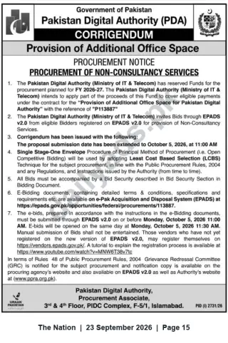 Newspaper clipping: PDA Corrigendum: Tender for Provision of Additional Office Space – Bids Due 2026-10-05, The Nation, 23 Sep 2026